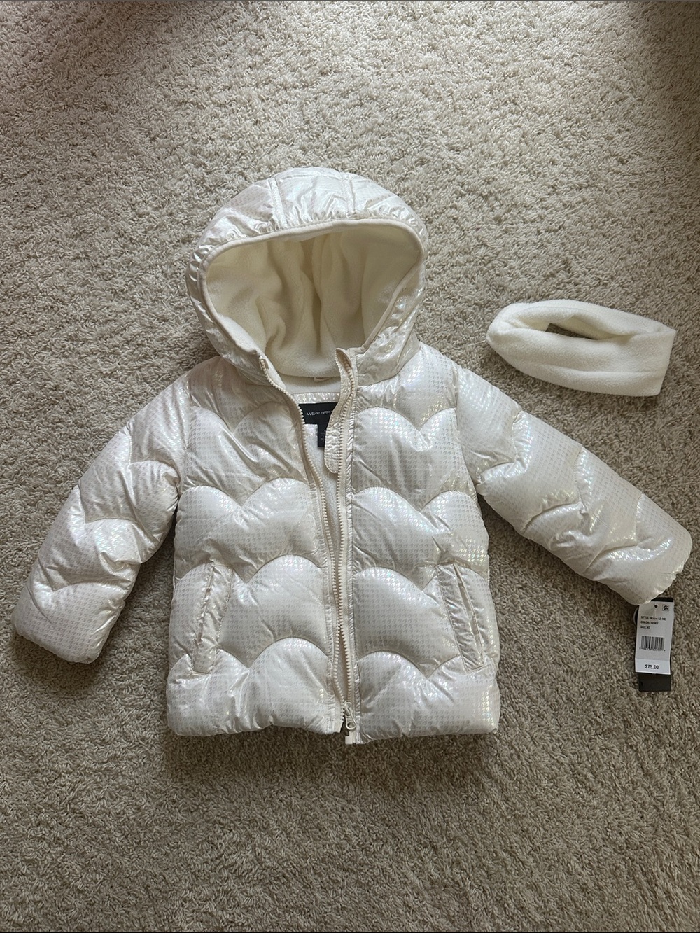 Girls' Shimmery Cream Hooded Puffer Jacket with Matching Headband